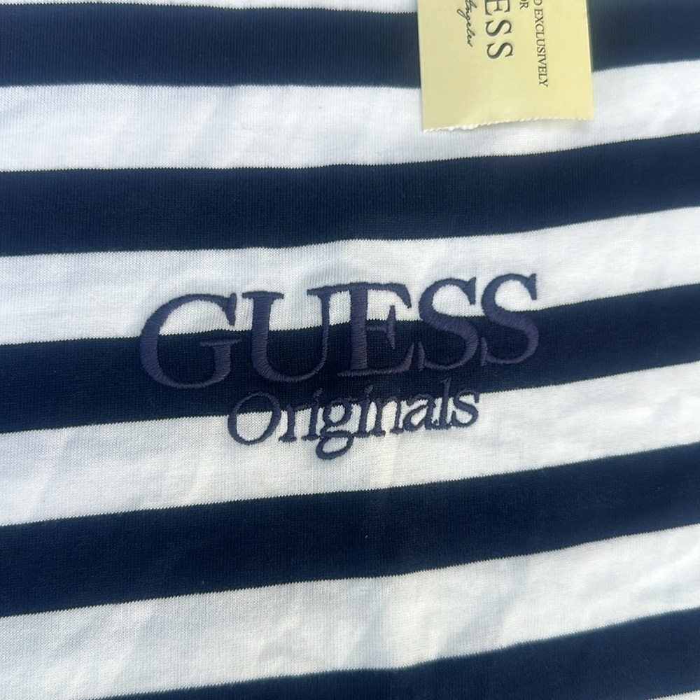 New GUESS ORIGINALS Striped Logo Tee SZ S - Picture 2 of 4